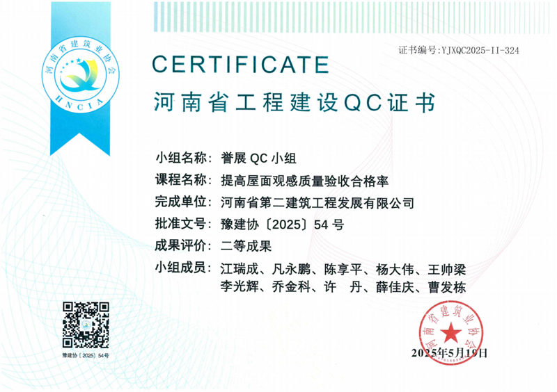 譽(yù)展QC小組榮獲河南省建筑業(yè)協(xié)會二等成果--國悅城譽(yù)府項目部